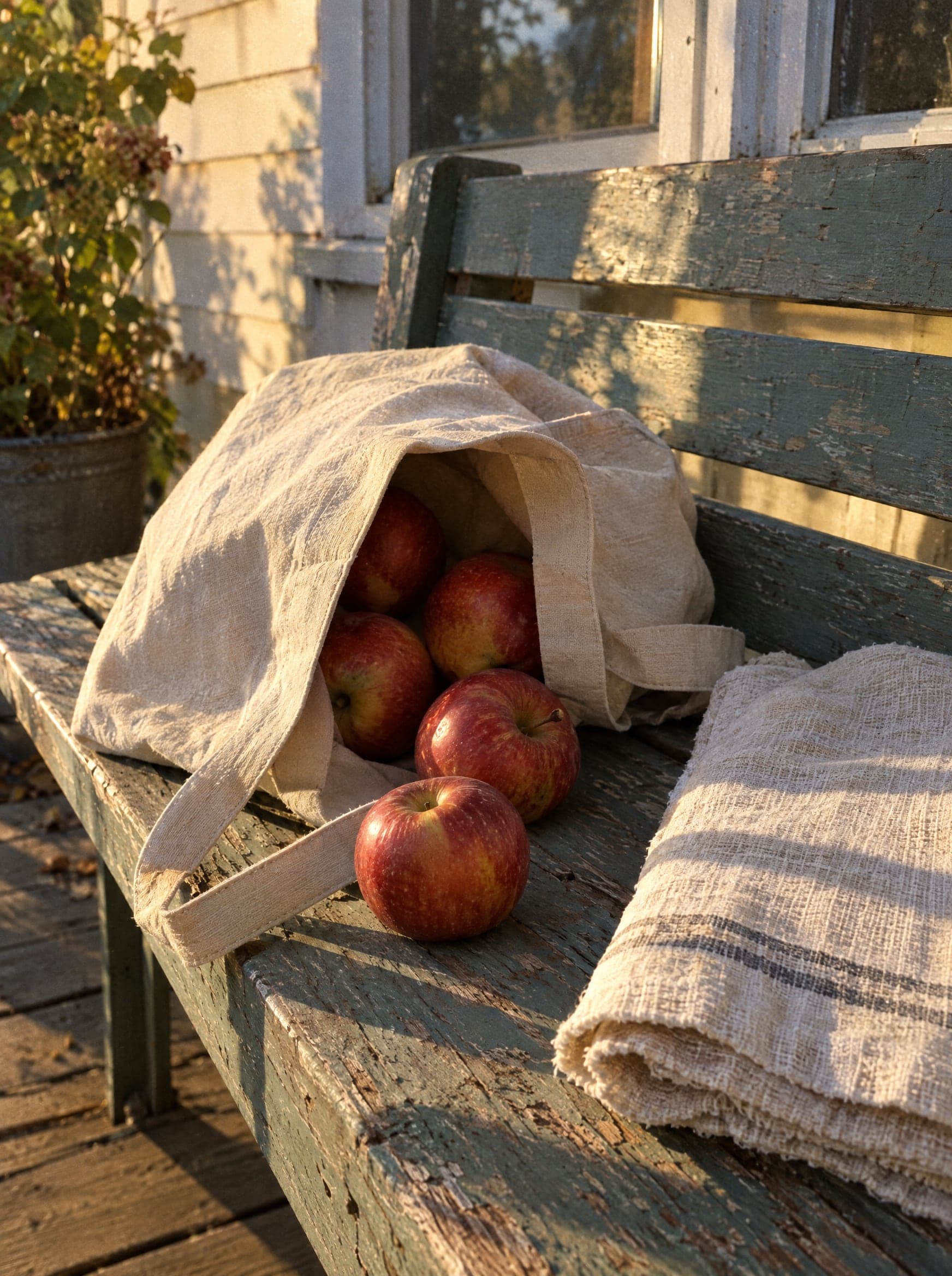 A canvas tote bag on a porch bench with apples spilling out of it